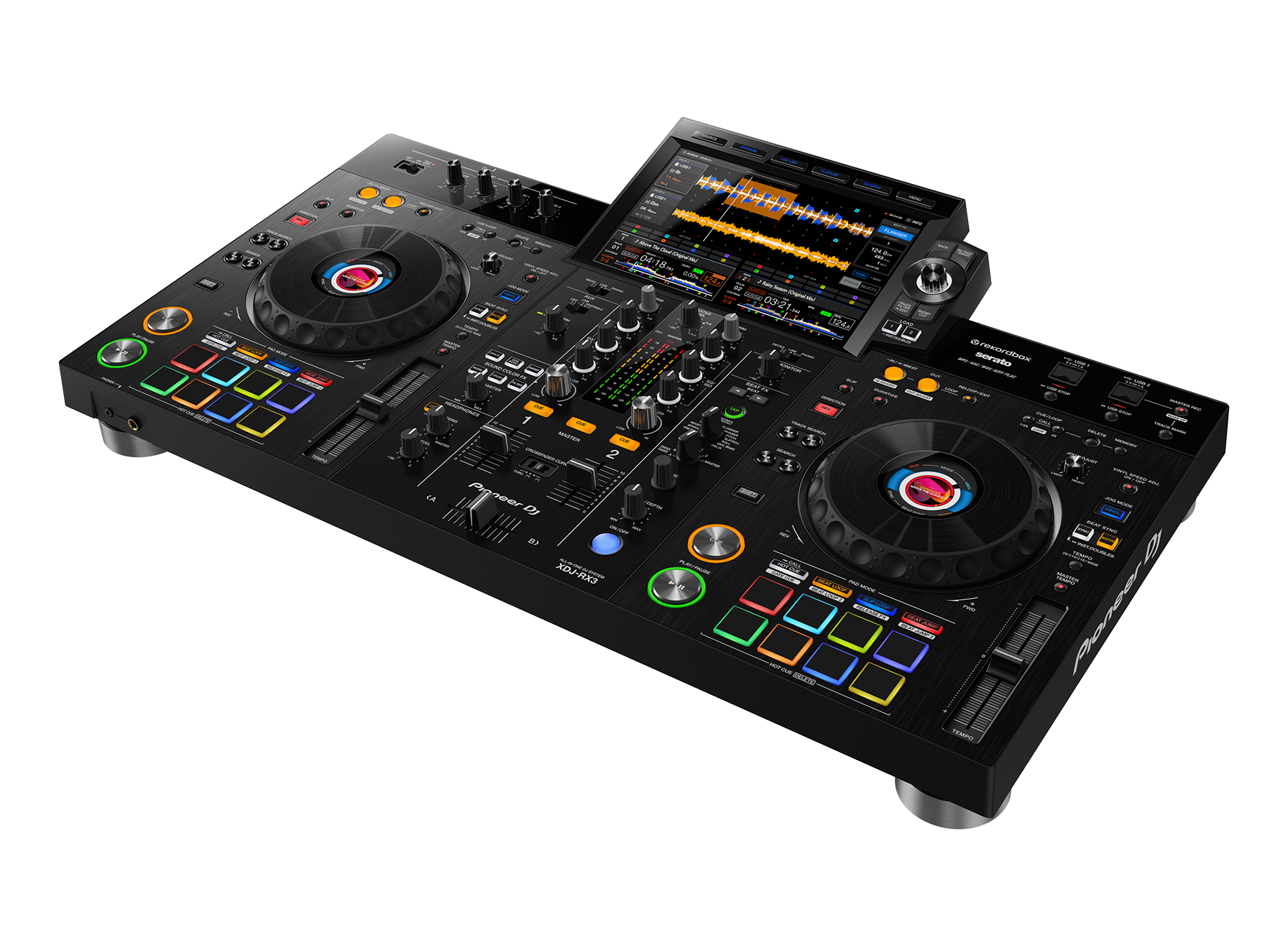 Pioneer XDJ-RX3 - Pioneer XDJ-RX3 är en standalone DJ-kontroller med två deck som tagit inspiration och funktioner från CDJ-3000 och DJM-900NXS2. Den är utrustad med stor 10,1" högupplöst touchscreen, två joghjul med display i mitten och justerbart motstånd, flera typer av effekter, åtta pads med Gate Cue, två mikrofoningångar och mycket mer. Du kan spela musik direkt från USB-minne eller ansluten till din dator via Rekordbox Performance alternativt Serato DJ Pro. Pioneer XDJ-RX3 - Bild 3