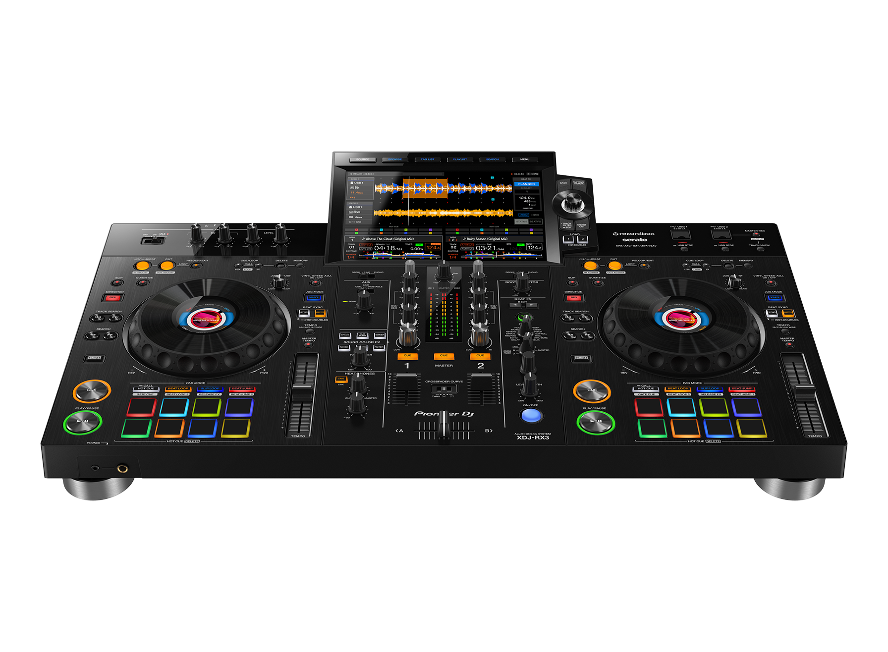 Pioneer XDJ-RX3 - Pioneer XDJ-RX3 är en standalone DJ-kontroller med två deck som tagit inspiration och funktioner från CDJ-3000 och DJM-900NXS2. Den är utrustad med stor 10,1" högupplöst touchscreen, två joghjul med display i mitten och justerbart motstånd, flera typer av effekter, åtta pads med Gate Cue, två mikrofoningångar och mycket mer. Du kan spela musik direkt från USB-minne eller ansluten till din dator via Rekordbox Performance alternativt Serato DJ Pro. Pioneer XDJ-RX3 - Bild 2
