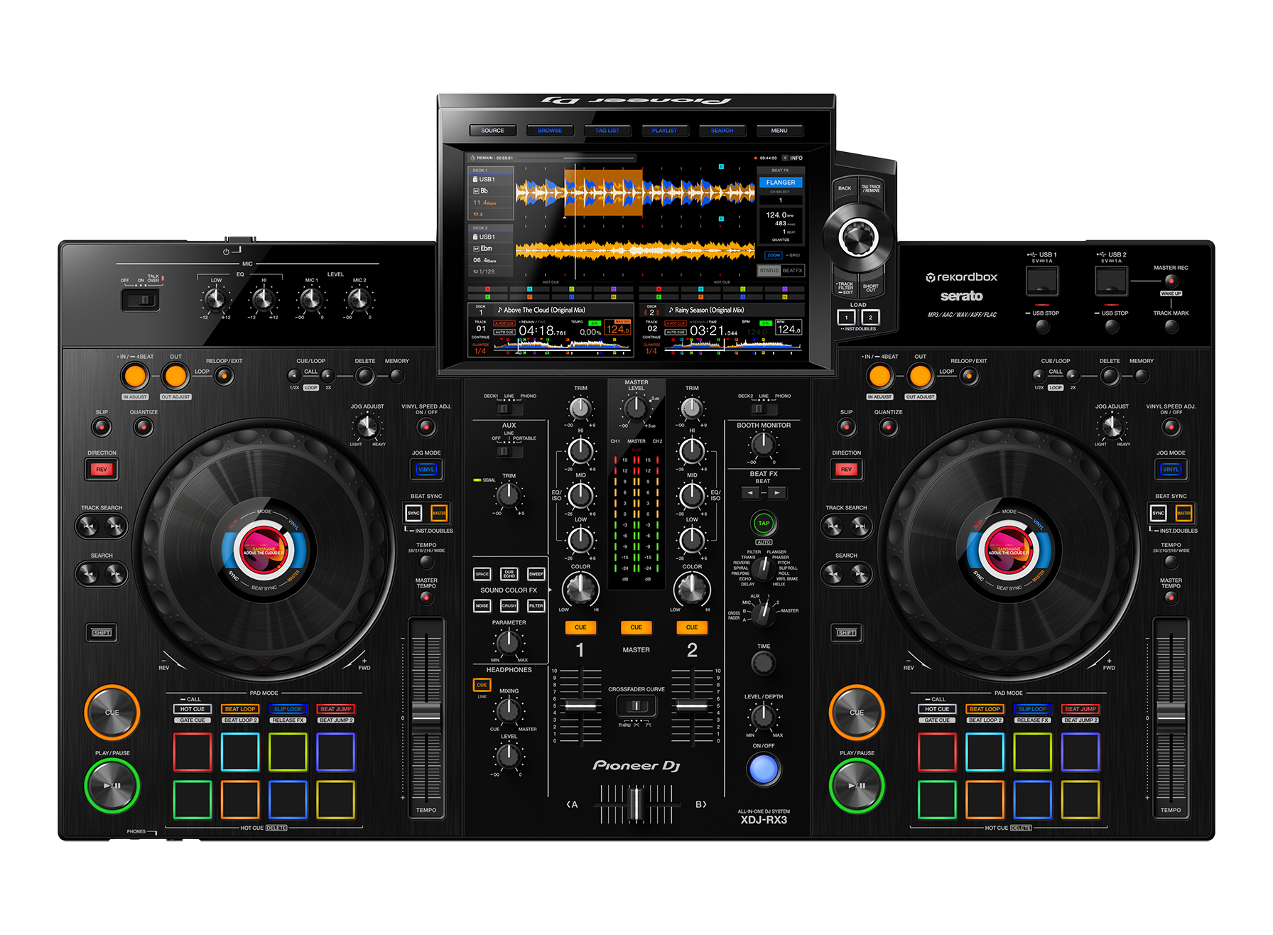 Pioneer XDJ-RX3 - Pioneer XDJ-RX3 är en standalone DJ-kontroller med två deck som tagit inspiration och funktioner från CDJ-3000 och DJM-900NXS2. Den är utrustad med stor 10,1" högupplöst touchscreen, två joghjul med display i mitten och justerbart motstånd, flera typer av effekter, åtta pads med Gate Cue, två mikrofoningångar och mycket mer. Du kan spela musik direkt från USB-minne eller ansluten till din dator via Rekordbox Performance alternativt Serato DJ Pro. Pioneer XDJ-RX3