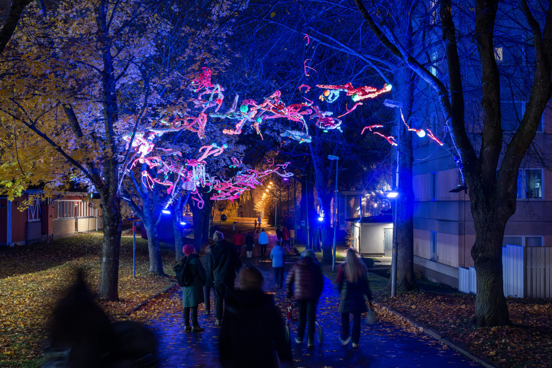humanlightsfestival DSC 8555 - Ljusfestivalen Human Lights i Jönköping är en internationell sammankomst för ljus- och ljudkonst som äger rum på Råslätt. Festivalen fokuserar på att skapa en känsla av gemenskap genom platsspecifika konstverk som integreras i den urbana miljön och naturen. Konstverken skapas av internationella konstnärer i samarbete med lokalbefolkningen, inklusive barn och unga, genom workshops och interaktiva installationer. Initiativtagare och konstnärlig ledare är Dulce Ahlberg känd från projektet Island of Light i Smögen.
