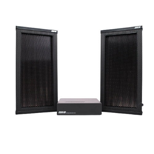 Hypersound 2 Black Speakers Front 900x removebg preview - Systemet består av 2st högtalare, slutsteg och kablage.